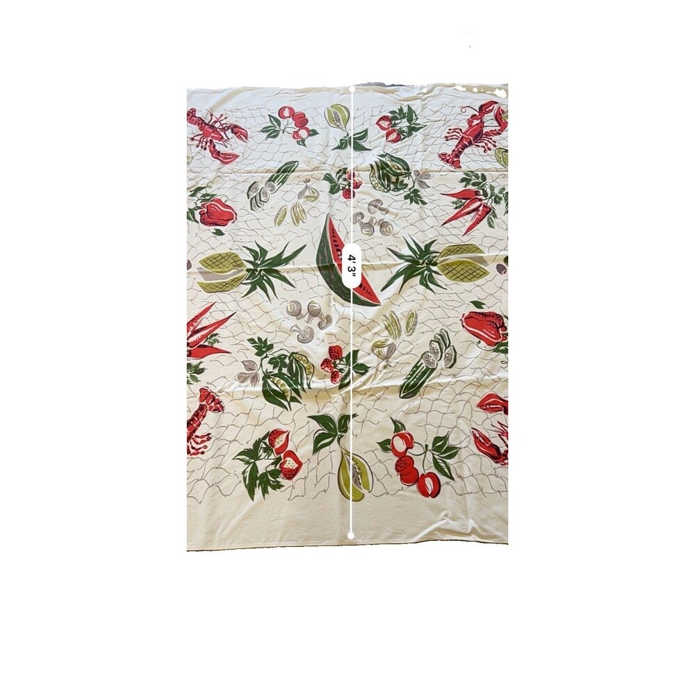 Vintage 1950’s Cotton Printed Tablecloth 51”x43” Lobster Boil Tropical - Picture 4 of 5